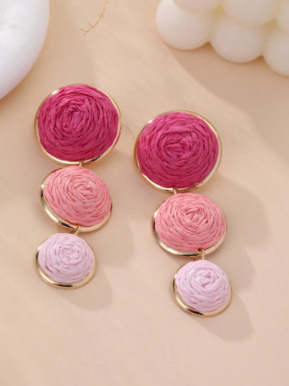 Pink Casual Women's Paper Woven ombre  Elegant 3 Circle Earrings